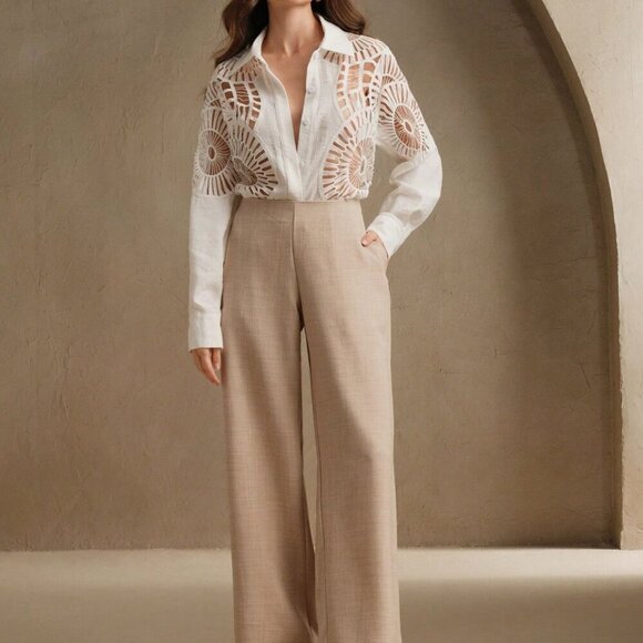 White Casual Women's Lace Hollow Splice Versatile Cardigan Collared Blouse - Picture 7 of 8